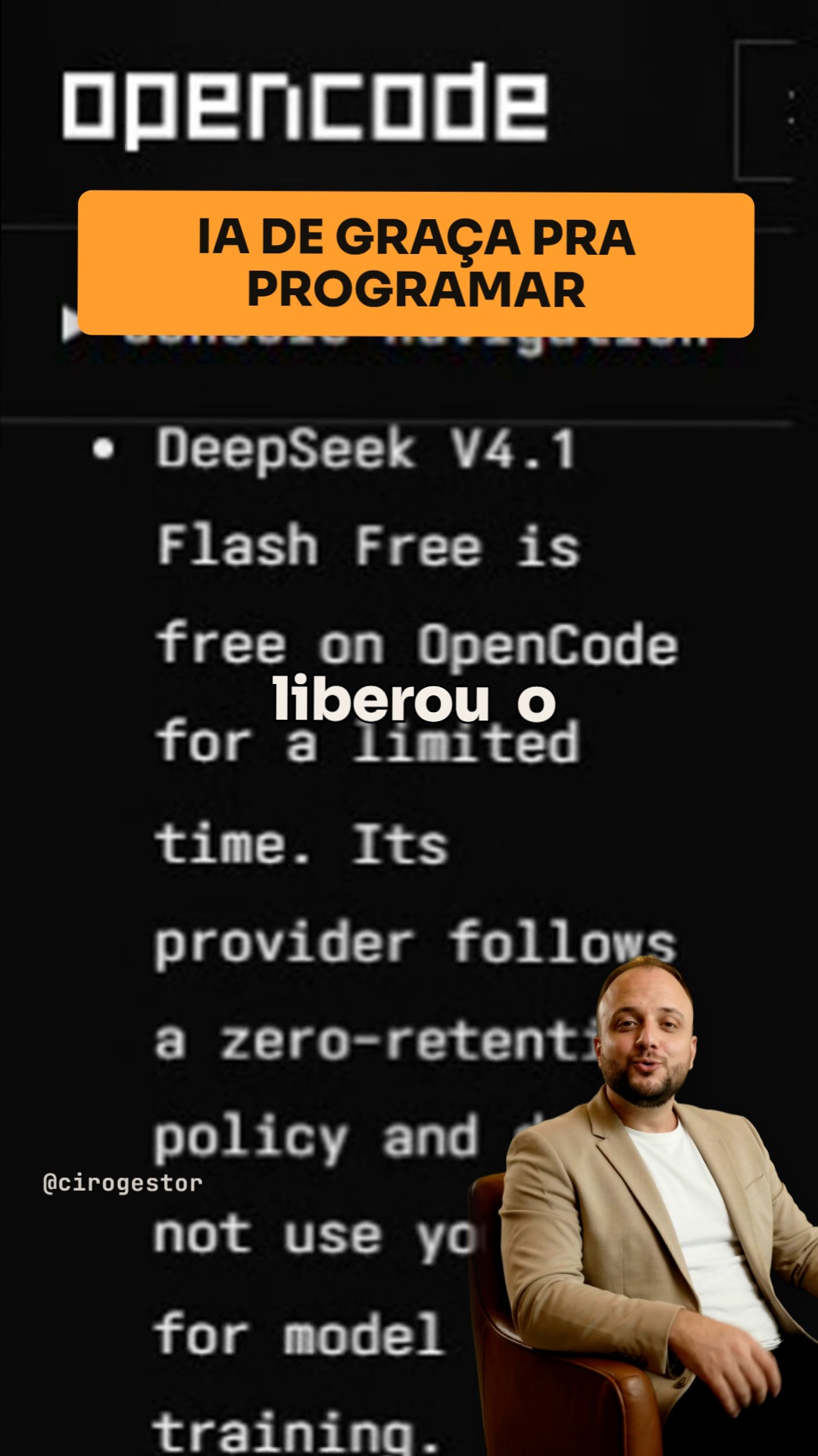 Programe com IA sem pagar pela IA: o DeepSeek V4.1 Flash de graça no OpenCode, passo a passo