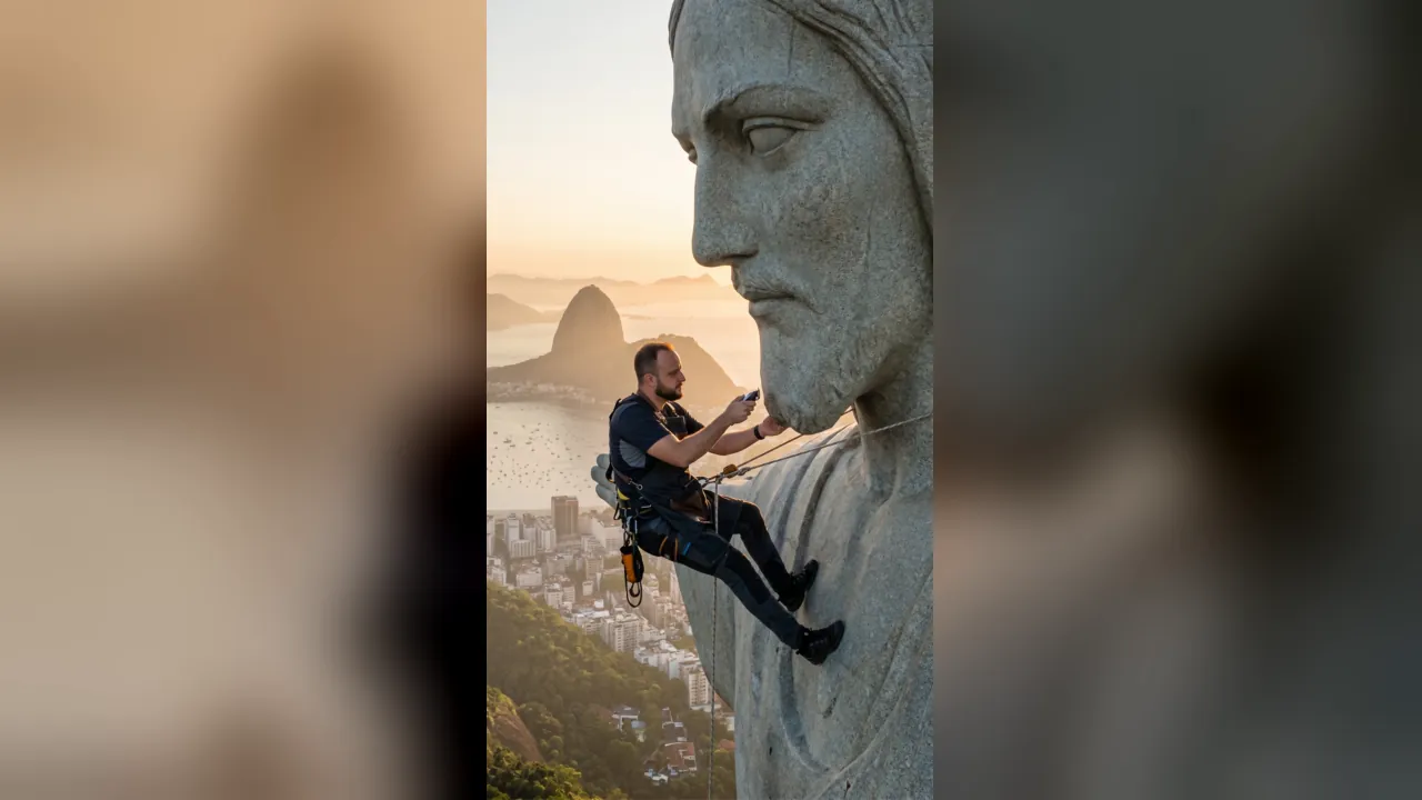 Aparando a barba do Cristo Redentor